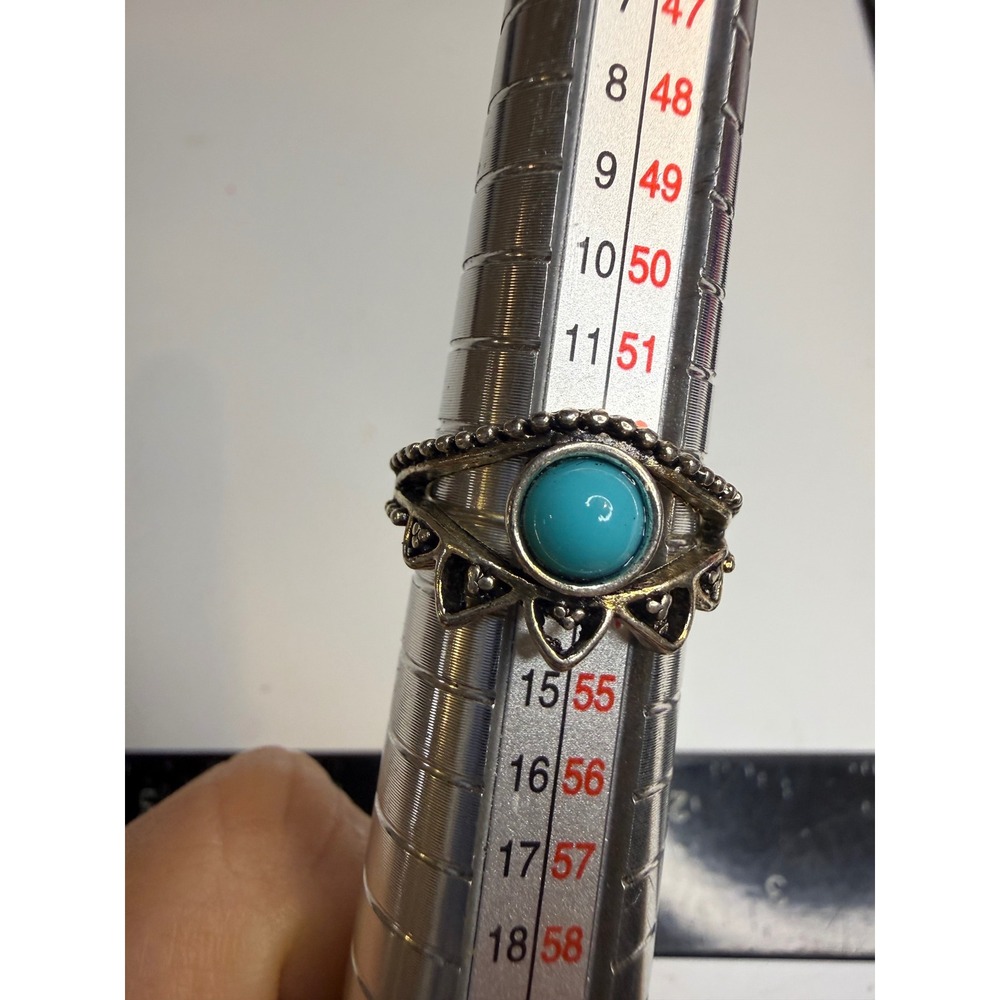 Bohemian Turquoise Evil Eye Ring Silver Tone Size 6.5 Sunburst Statement Ring